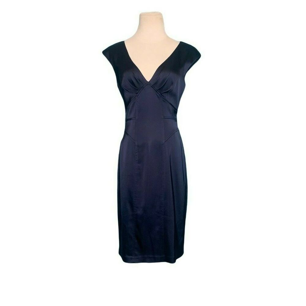 David Meister blue satin knee length sheath cocktail dress size 4